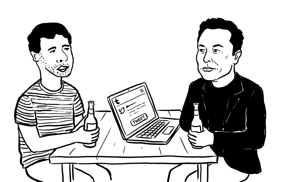 Meeting scene with two people drinking beer while tweeting