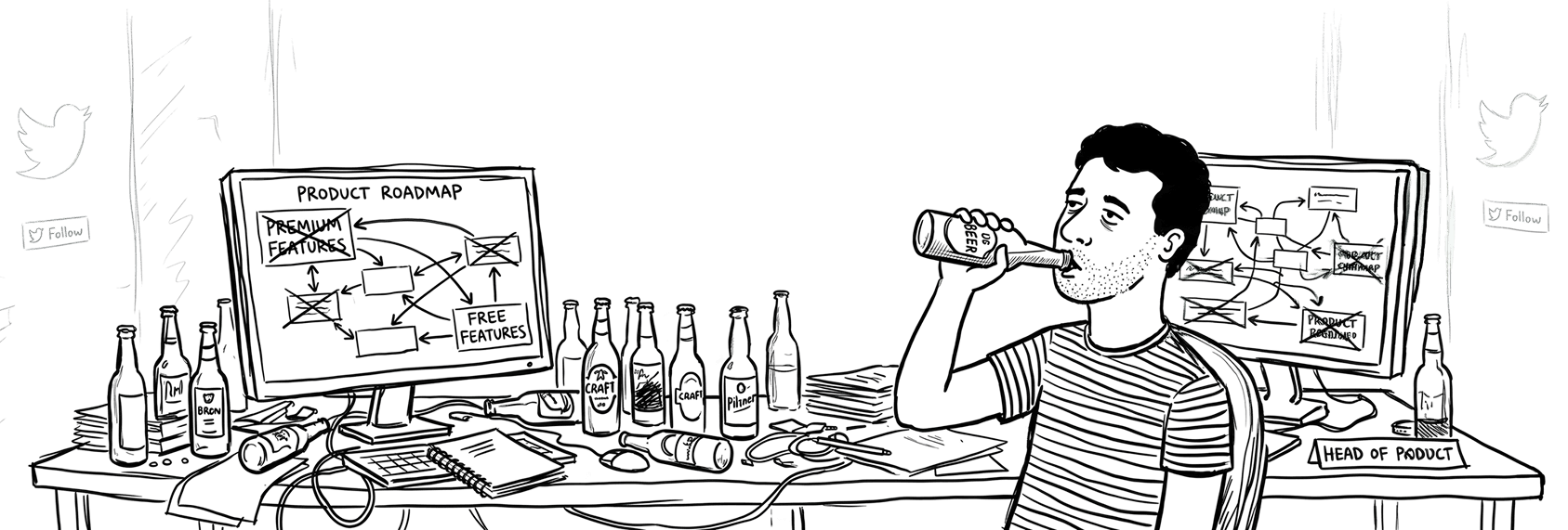 Nikita Beer - Head of Product drinking beer at desk with chaotic product roadmaps